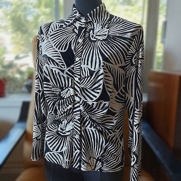 Vtg monochromatic tropical print long sleeve button up blouse - Picture 3 of 14